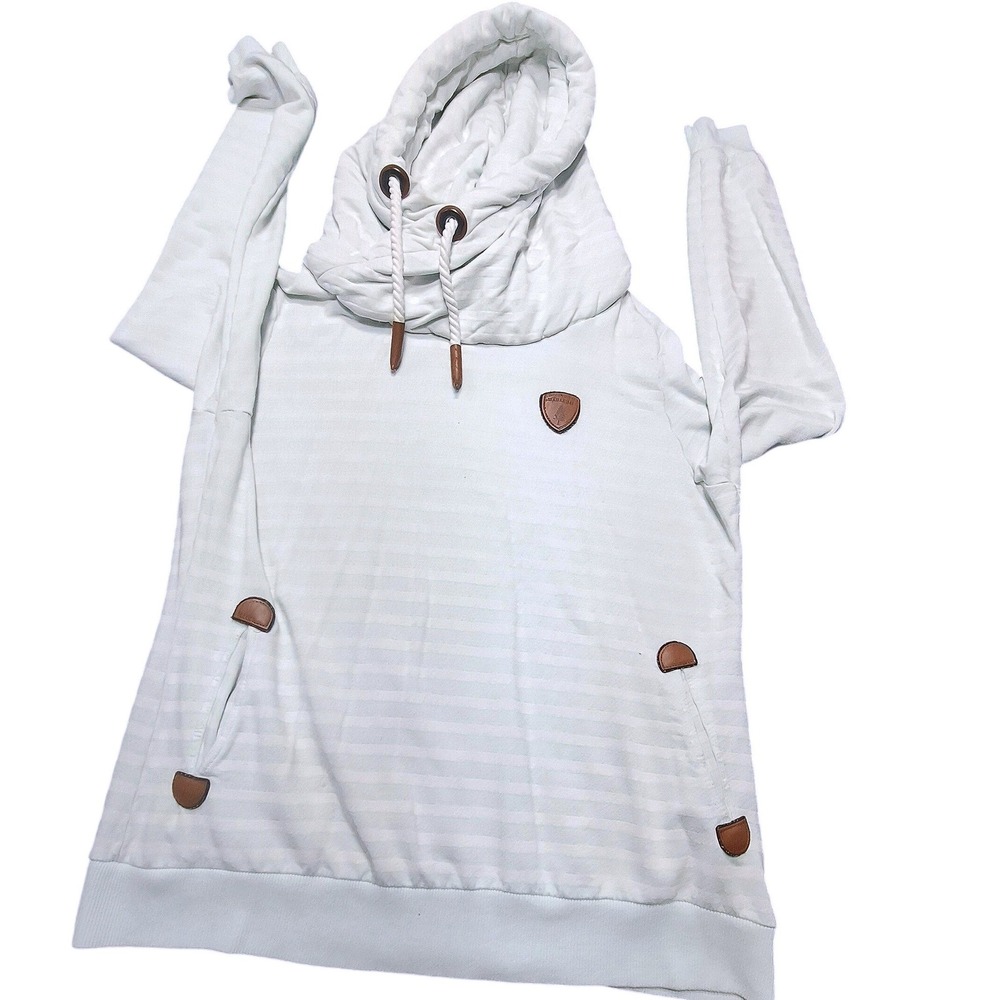 Wanakome Hestia Cowl Neck Hoodie Mint Green White Striped Large Vegan Leather L